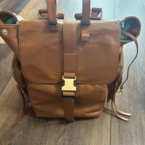 MOMINSIDE Brown Faux Leather Diaper Backpack Multi-Pocket